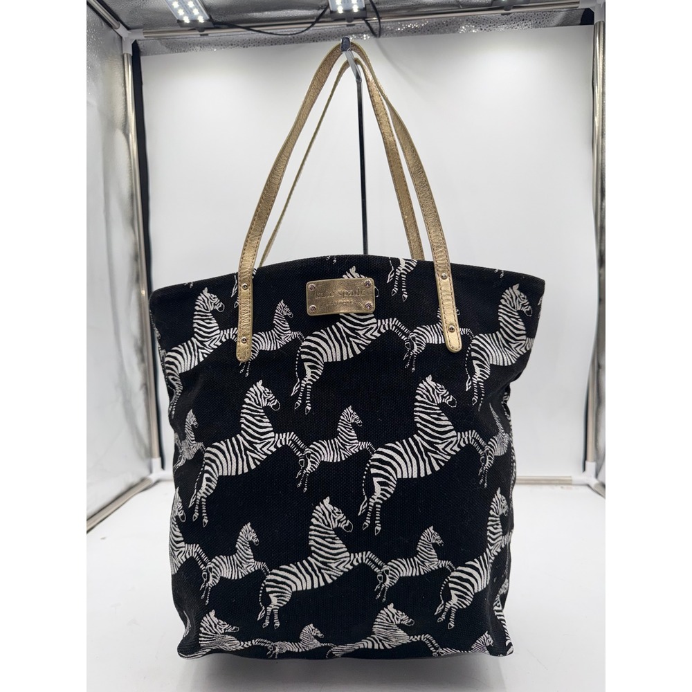 Kate Spade Vintage Zebra Print Canvas Tote Bag Black White Metallic Gold Straps